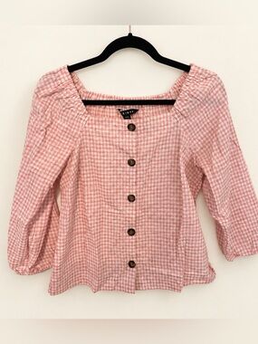 Tribal Pink Cream Gingham Square Neck Puff Sleeve Blouse XS